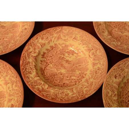 (n-4001/3) English Ironstone punased supi-pastataldrikud, 5tk