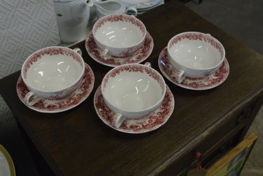 (n-4600/5) Alfred Meakin, Romance, punased puljongikausid-taldrikud, 4tk