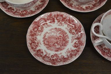 (n-4600/5) Alfred Meakin, Romance, punased puljongikausid-taldrikud, 4tk