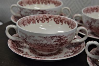 (n-4600/5) Alfred Meakin, Romance, punased puljongikausid-taldrikud, 4tk