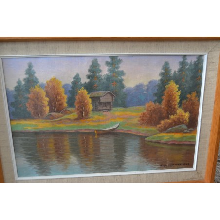 (P-803) Raamitud maastikumaal sügisene järv paadiga