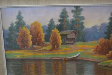 (P-803) Raamitud maastikumaal sügisene järv paadiga