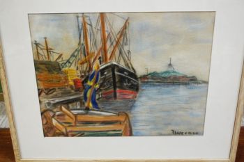 (P-946) Raamitud joonistus "Sadamas", signeeritud 2