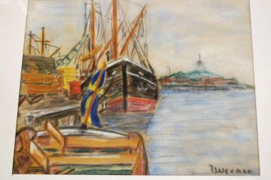 (P-946) Raamitud joonistus "Sadamas", signeeritud