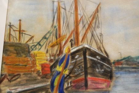 (P-946) Raamitud joonistus "Sadamas", signeeritud