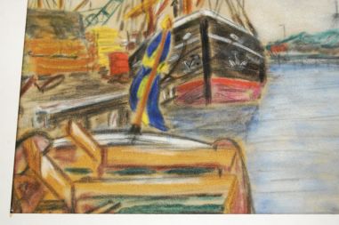 (P-946) Raamitud joonistus "Sadamas", signeeritud