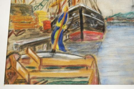 (P-946) Raamitud joonistus "Sadamas", signeeritud