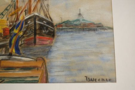 (P-946) Raamitud joonistus "Sadamas", signeeritud