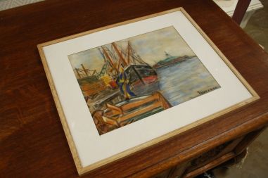 (P-946) Raamitud joonistus "Sadamas", signeeritud