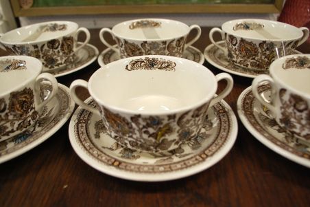(n-3784) Ridgway Ironstone Staffordshire, Jacobean, puljongikausid-taldrikud, 6tk