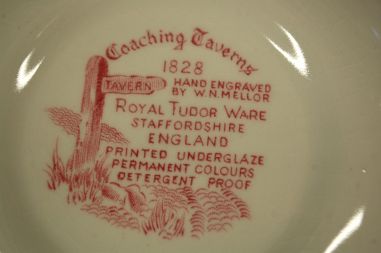 (n-7177/2) Royal tudor Ware Staffordshire, Coaching Taverns 1828, supi-pastataldrikud, 4tk