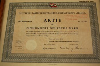 (n-7677) Saksa Aurulaevakompanii "Hansa" aktsia nr.107797, raamis. 2