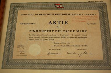 (n-7677) Saksa Aurulaevakompanii "Hansa" aktsia nr.107797, raamis.