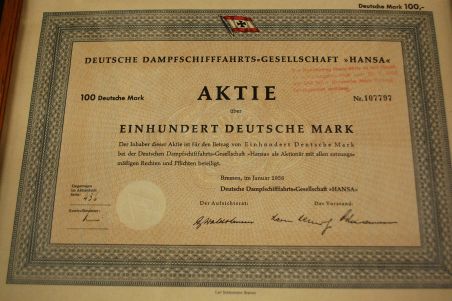 (n-7677) Saksa Aurulaevakompanii "Hansa" aktsia nr.107797, raamis.