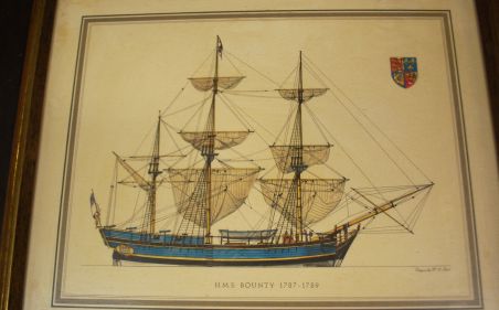 (n-7678) H.A Muth, Purjelaev HMS Bounty raamitud värviline trükk