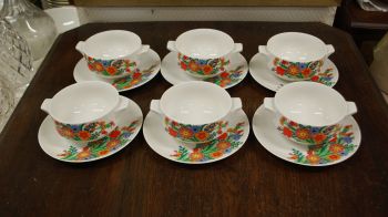 (n-7893) Bavaria Mitterteich, värvikirevad lillelised puljongikausid-taldrikud, 6tk