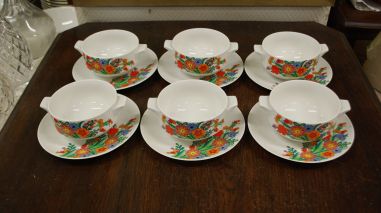 (n-7893) Bavaria Mitterteich, värvikirevad lillelised puljongikausid-taldrikud, 6tk