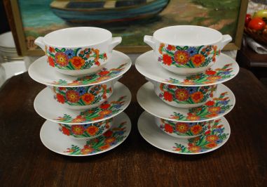 (n-7893) Bavaria Mitterteich, värvikirevad lillelised puljongikausid-taldrikud, 6tk