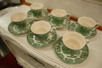 (n-5745/6) English Ironstone Tableware, Old Inns Series, rohelised kohvitassid-taldrikud, 6tk